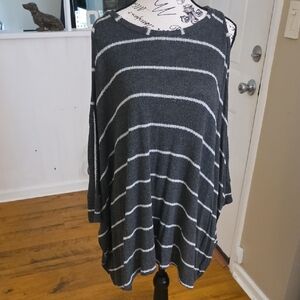 Cherish Charcoal Gray and White Cold-Shoulder Striped Sweater
